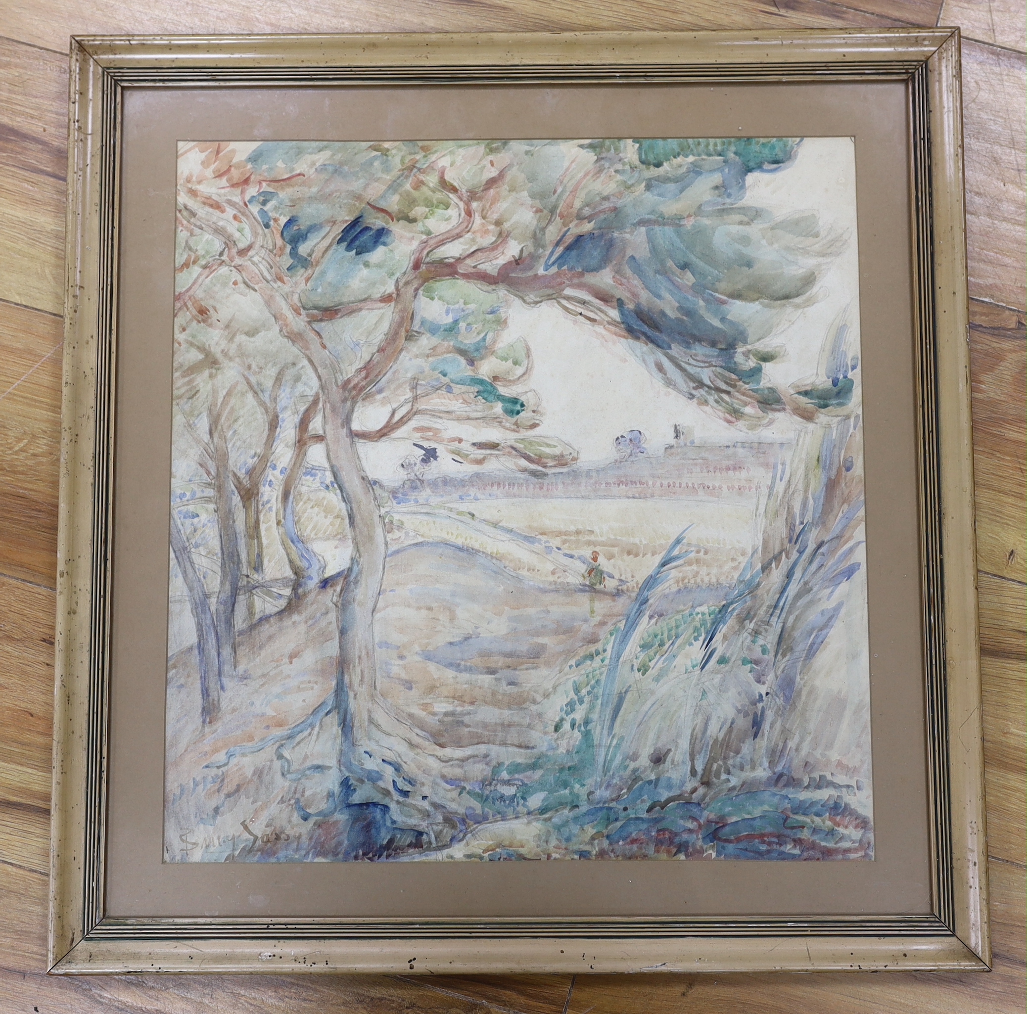 Stany Sassy (French, 20th. C) watercolour, 'Les Pins', signed, details verso, 43 x 40cm